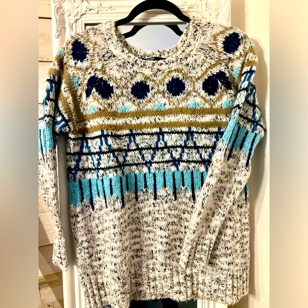 Kensie over-sized sweater. Grey/teal/olive/dark blue